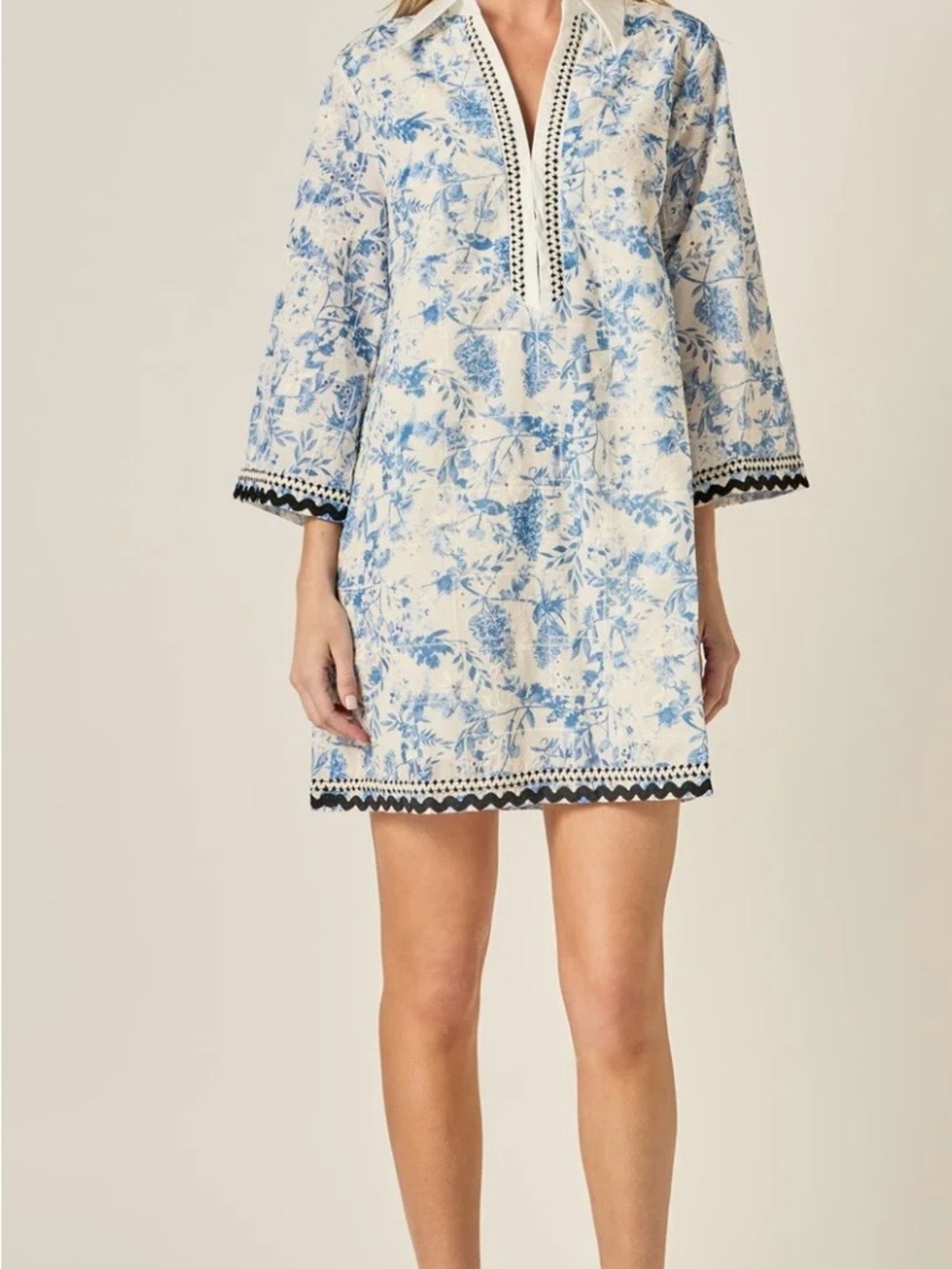 English Factory Blue and Cream Floral Embroidered Tunic